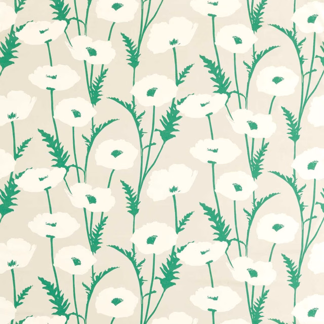 Cream poppy blooms and vivid gecko-green stems on a parchment ground