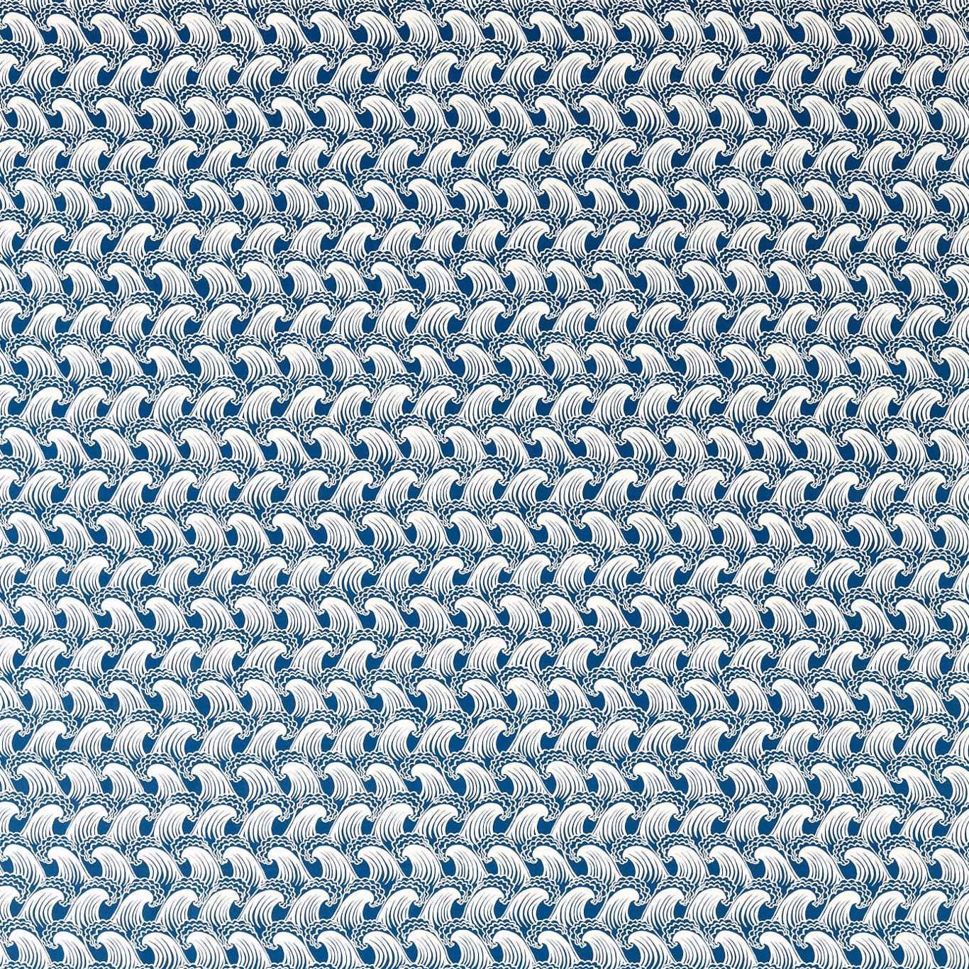 Dense white wave motifs repeating across a cool denim-blue fabric ground