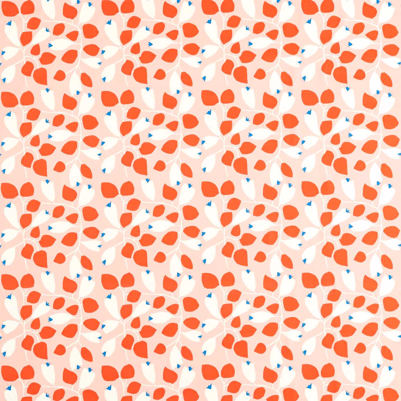 Blush fabric with coral botanical petals, cream leaves and tiny blue accents