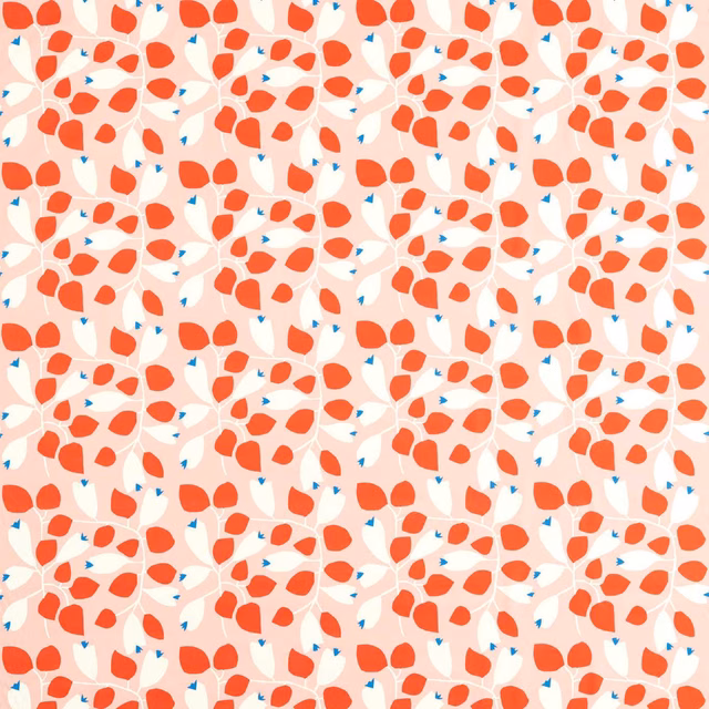 Blush fabric with coral botanical petals, cream leaves and tiny blue accents
