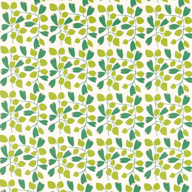 Cream botanical ground with mint, zest green and rosehip leaves in repeating branches