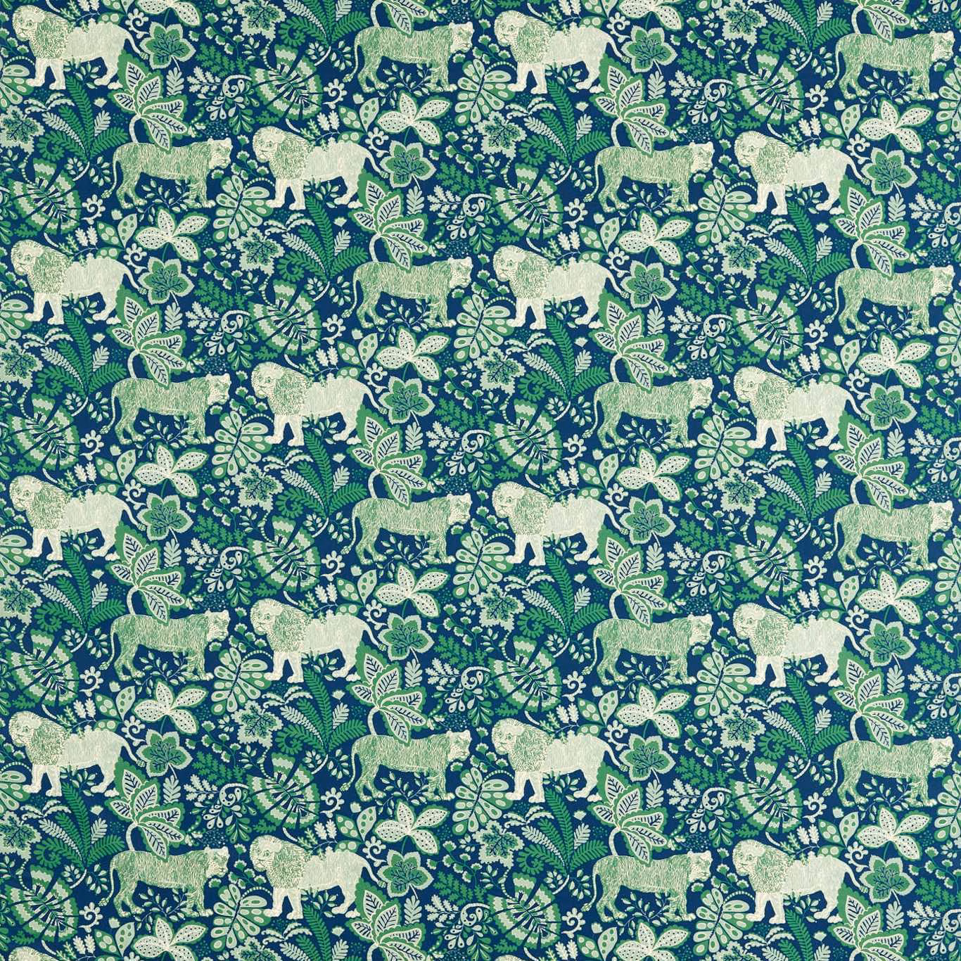 Midnight teal jungle fabric with mint elephants, leafy sprays and cream flowers