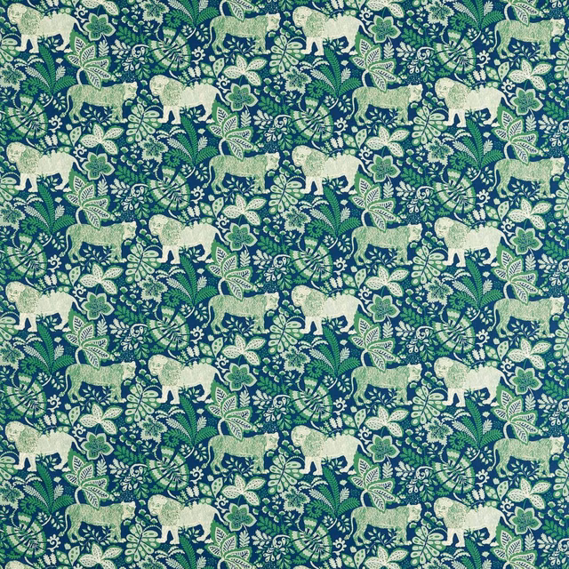 Midnight teal jungle fabric with mint elephants, leafy sprays and cream flowers