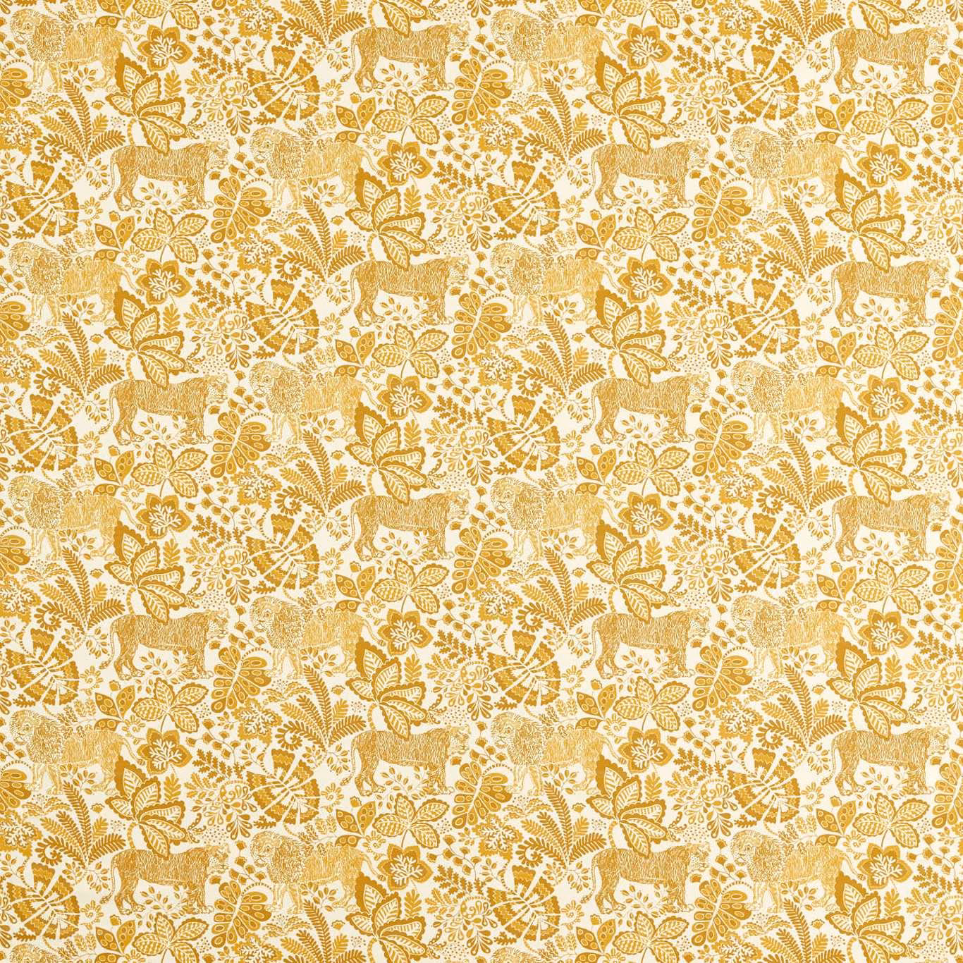 Cream fabric with chai-gold jungle animals, birds, flowers and leafy botanical motifs