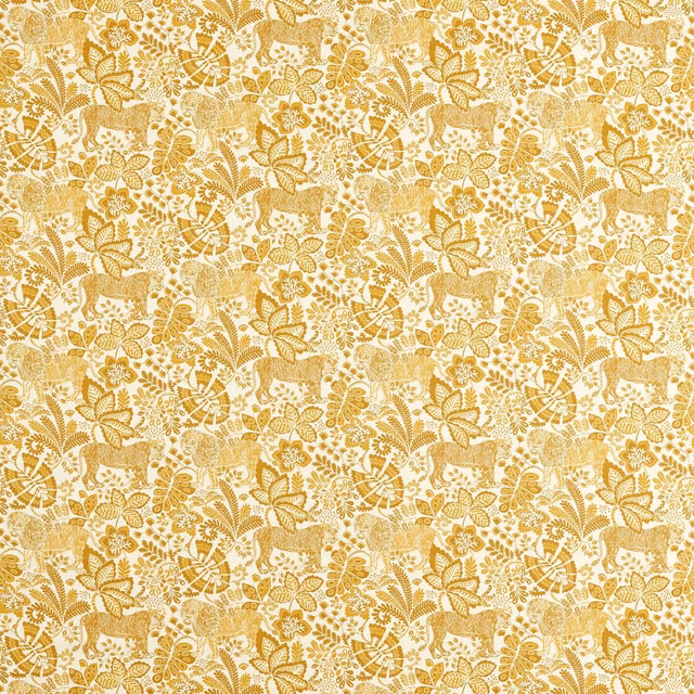 Cream fabric with chai-gold jungle animals, birds, flowers and leafy botanical motifs