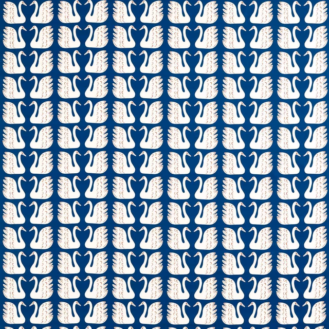 Muted denim-blue fabric with repeating cream swans and feather-like motifs