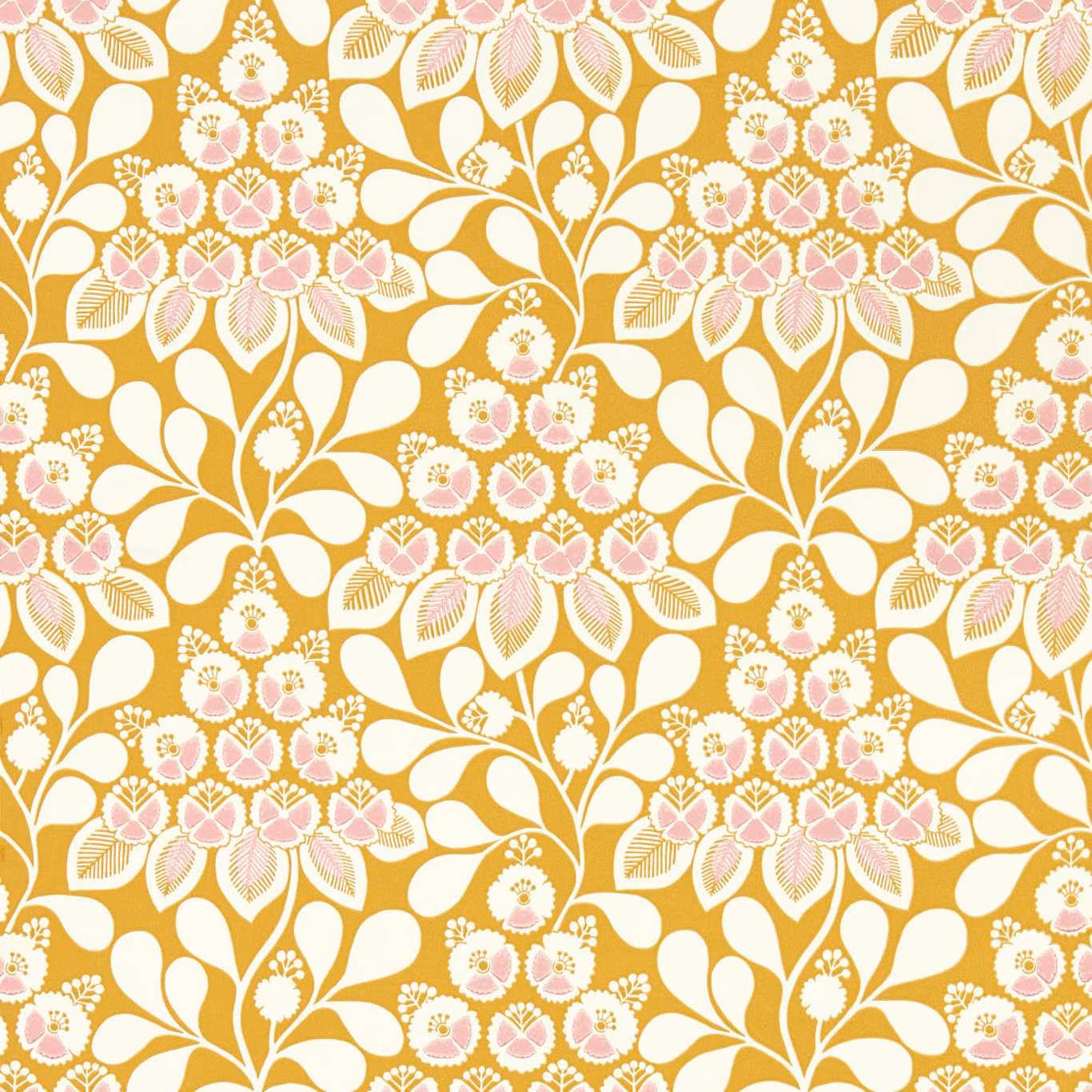 Ochre botanical wallpaper with cream leaves and blush-pink clustered flowers