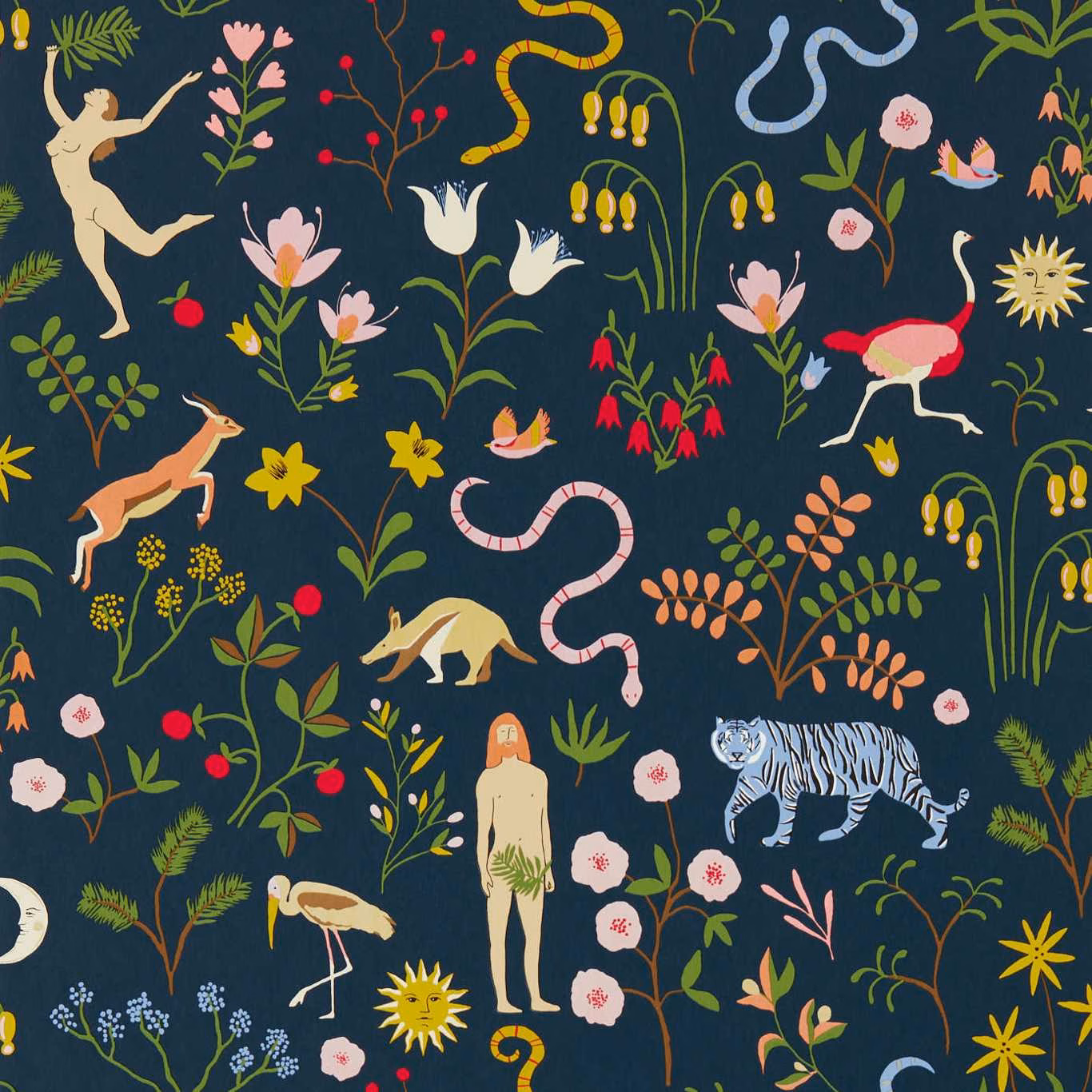 Midnight navy wallpaper with colourful snakes, tiger, flamingo, figures and flowers