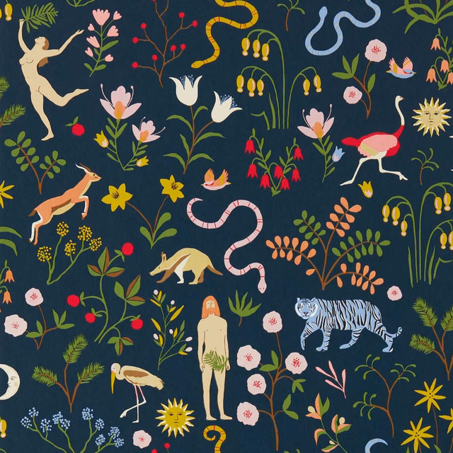 Midnight navy wallpaper with colourful snakes, tiger, flamingo, figures and flowers