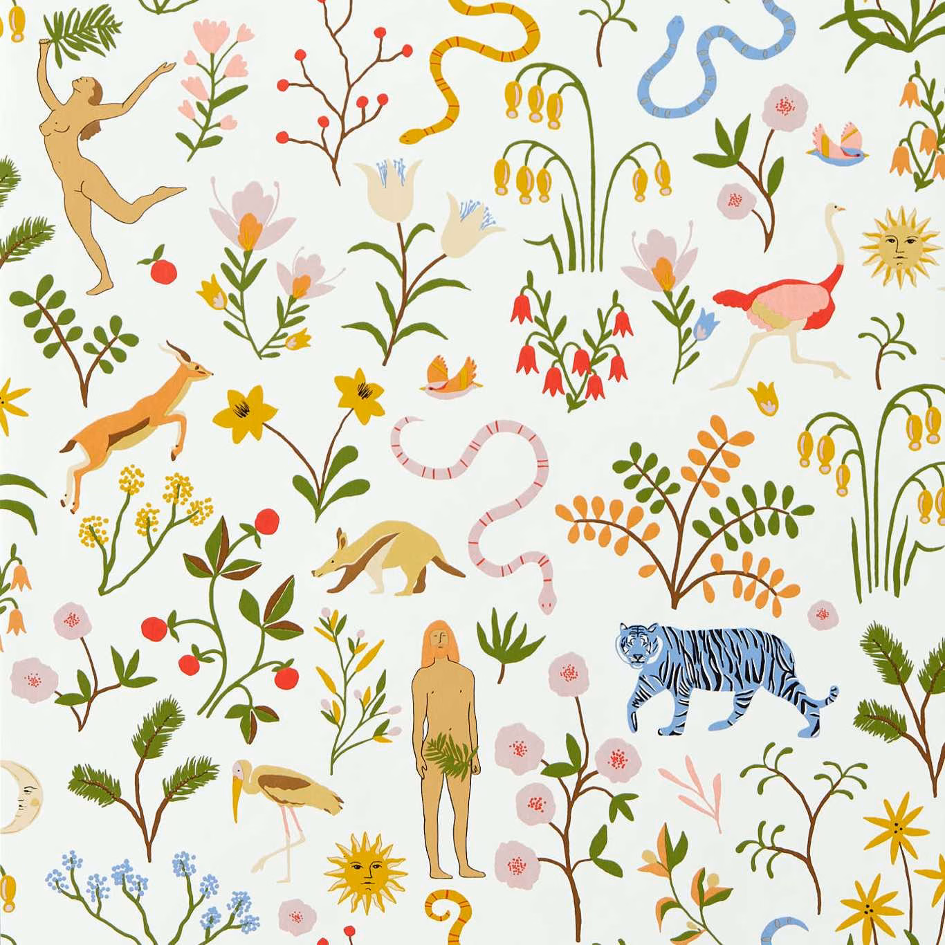 Pale cream wallpaper with illustrated tiger, dancer, serpents, flowers and leafy stems