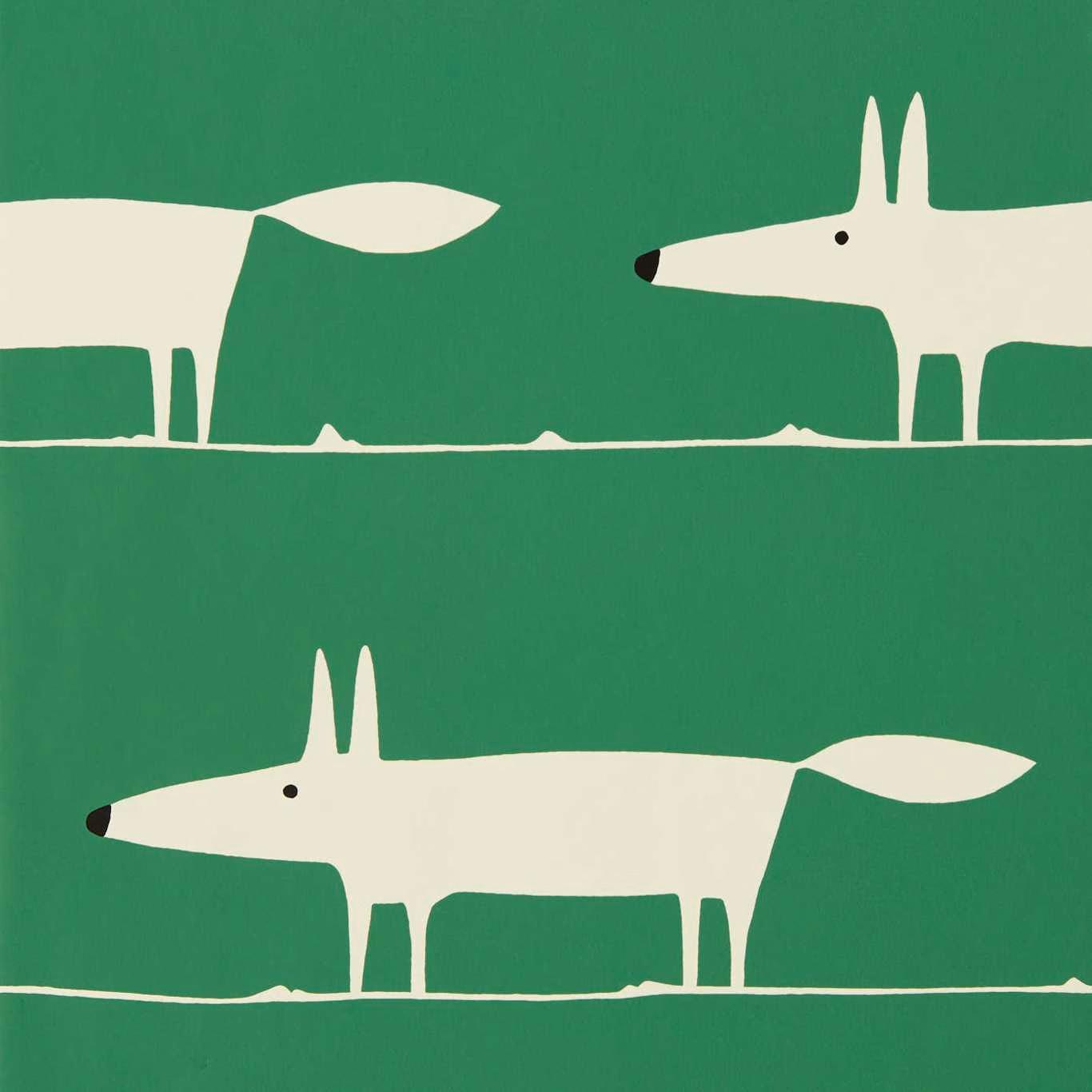 Cream fox silhouettes crossing a vivid leaf-green wallpaper in horizontal bands