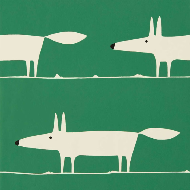 Cream fox silhouettes crossing a vivid leaf-green wallpaper in horizontal bands