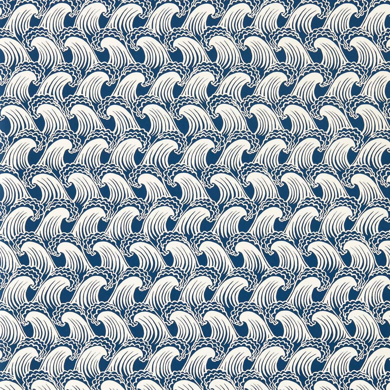 Dense ivory curling wave motifs repeating across a deep denim-blue ground