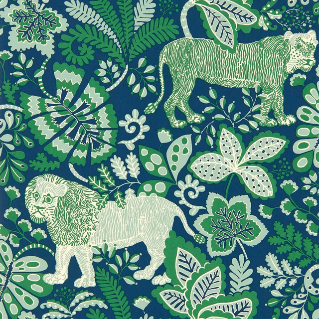 Midnight-blue jungle wallpaper with mint tigers, emerald leaves and cream botanical details