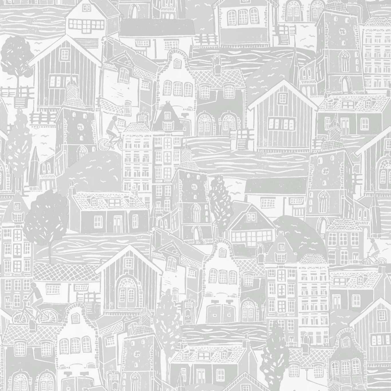 Dove grey and white illustrated village houses with trees and rooftops