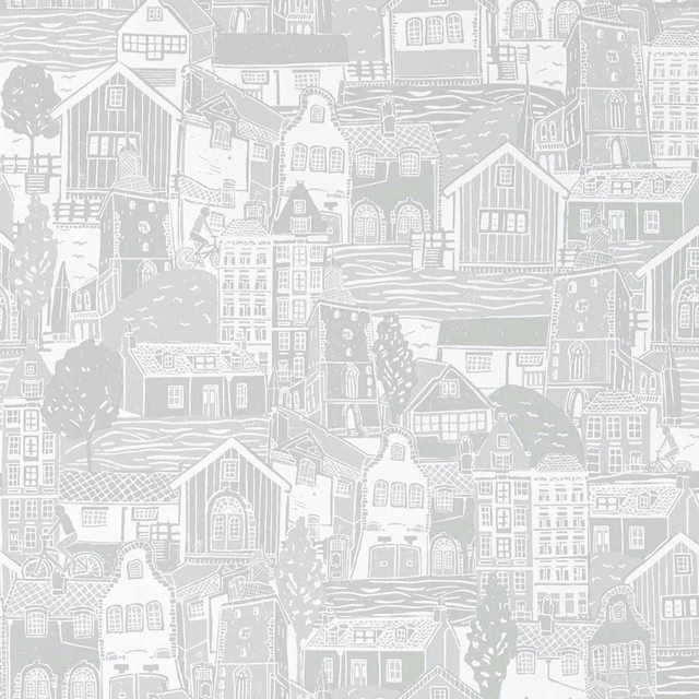 Dove grey and white illustrated village houses with trees and rooftops