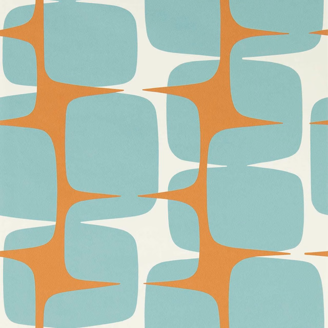 Aqua rounded geometric blocks with auburn branching lines on a cream wallpaper ground