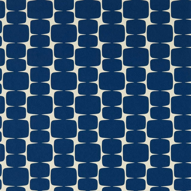 Deep indigo rounded blocks on a lightly textured jasmine wallpaper ground