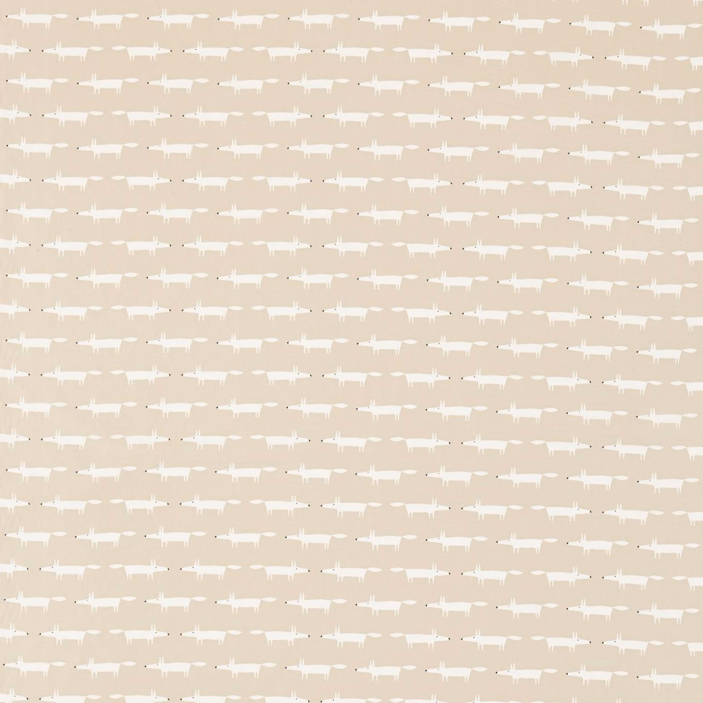 Oatmeal beige woven fabric with rows of small ivory abstract fox motifs