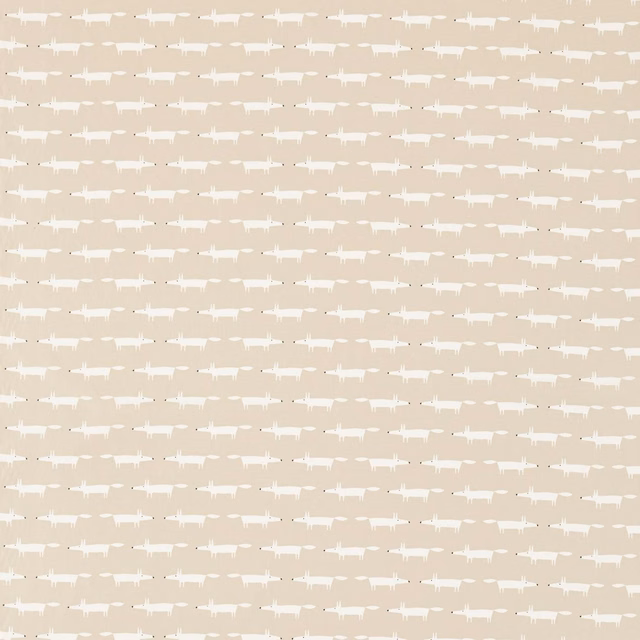 Oatmeal beige woven fabric with rows of small ivory abstract fox motifs