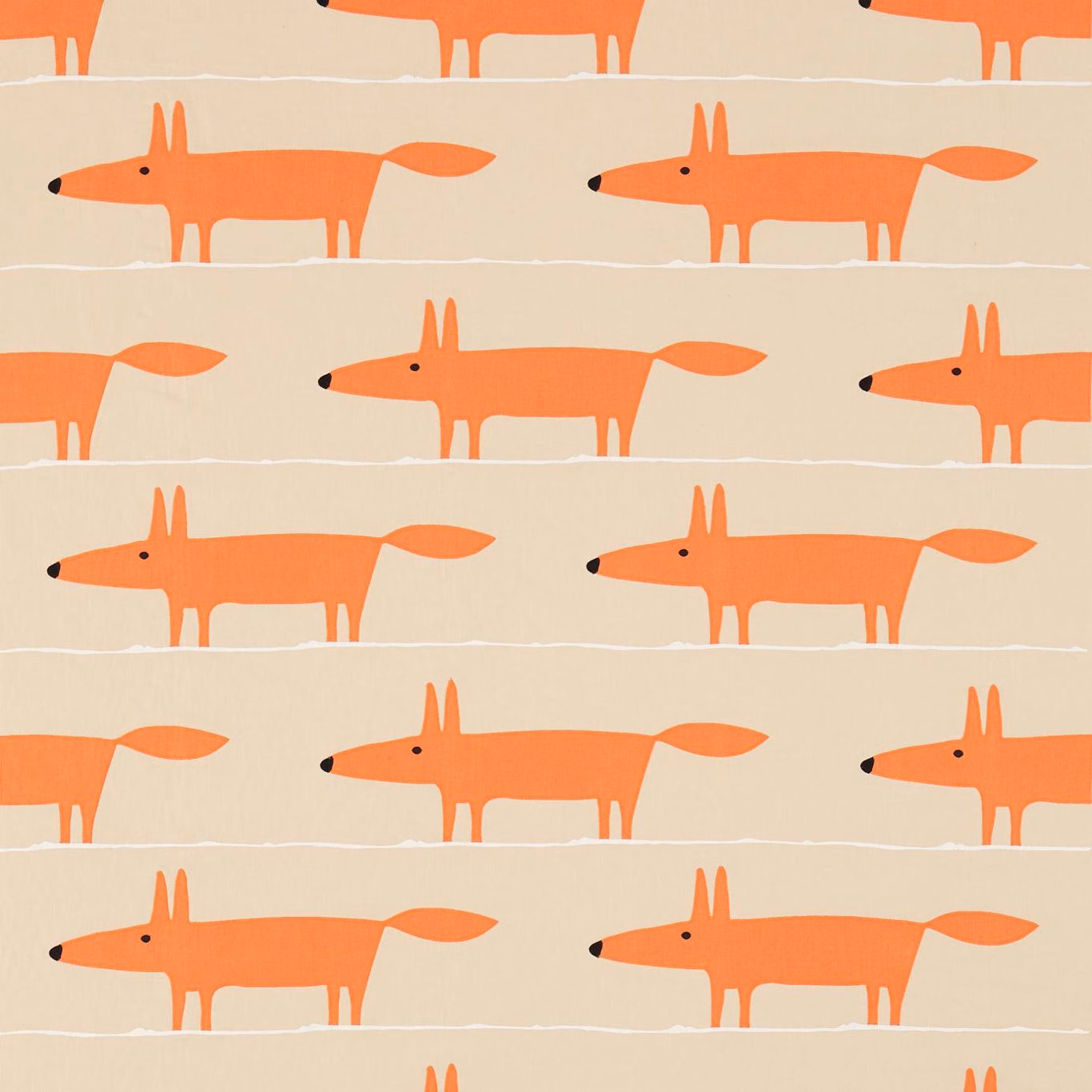 Tangerine foxes with black noses in horizontal rows on a linen ground