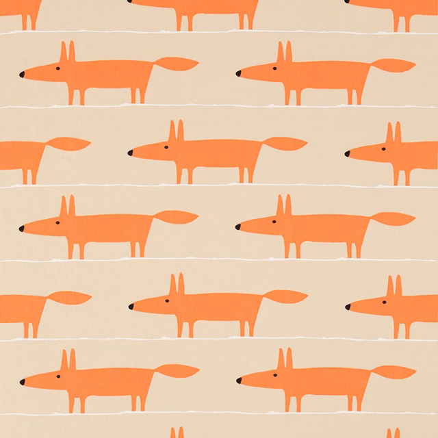 Tangerine foxes with black noses in horizontal rows on a linen ground