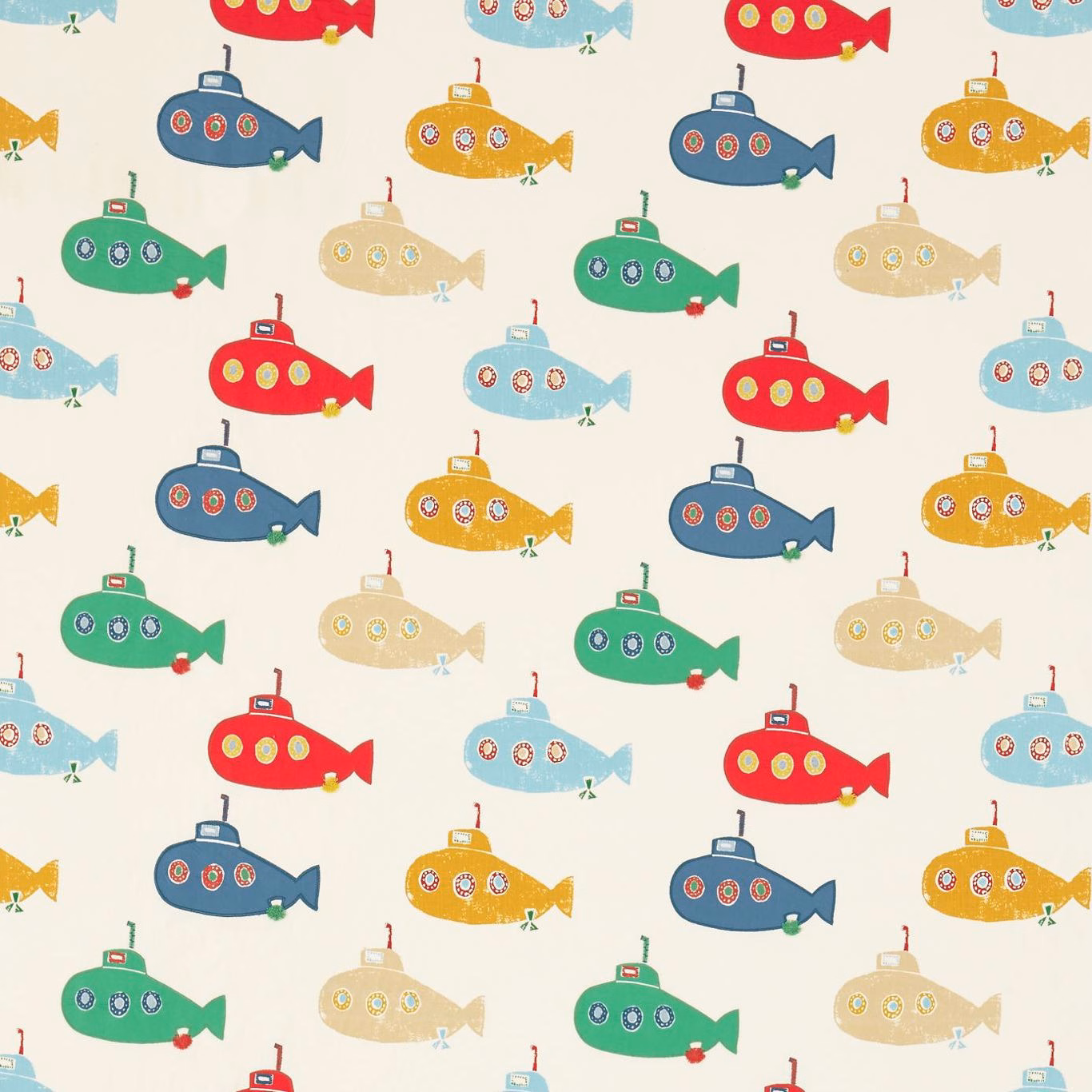 Cream fabric with red, denim blue and pea green submarine motifs