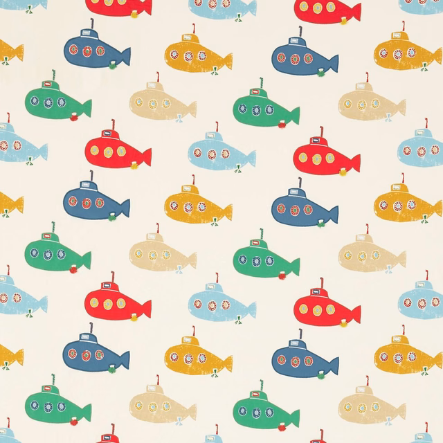 Cream fabric with red, denim blue and pea green submarine motifs