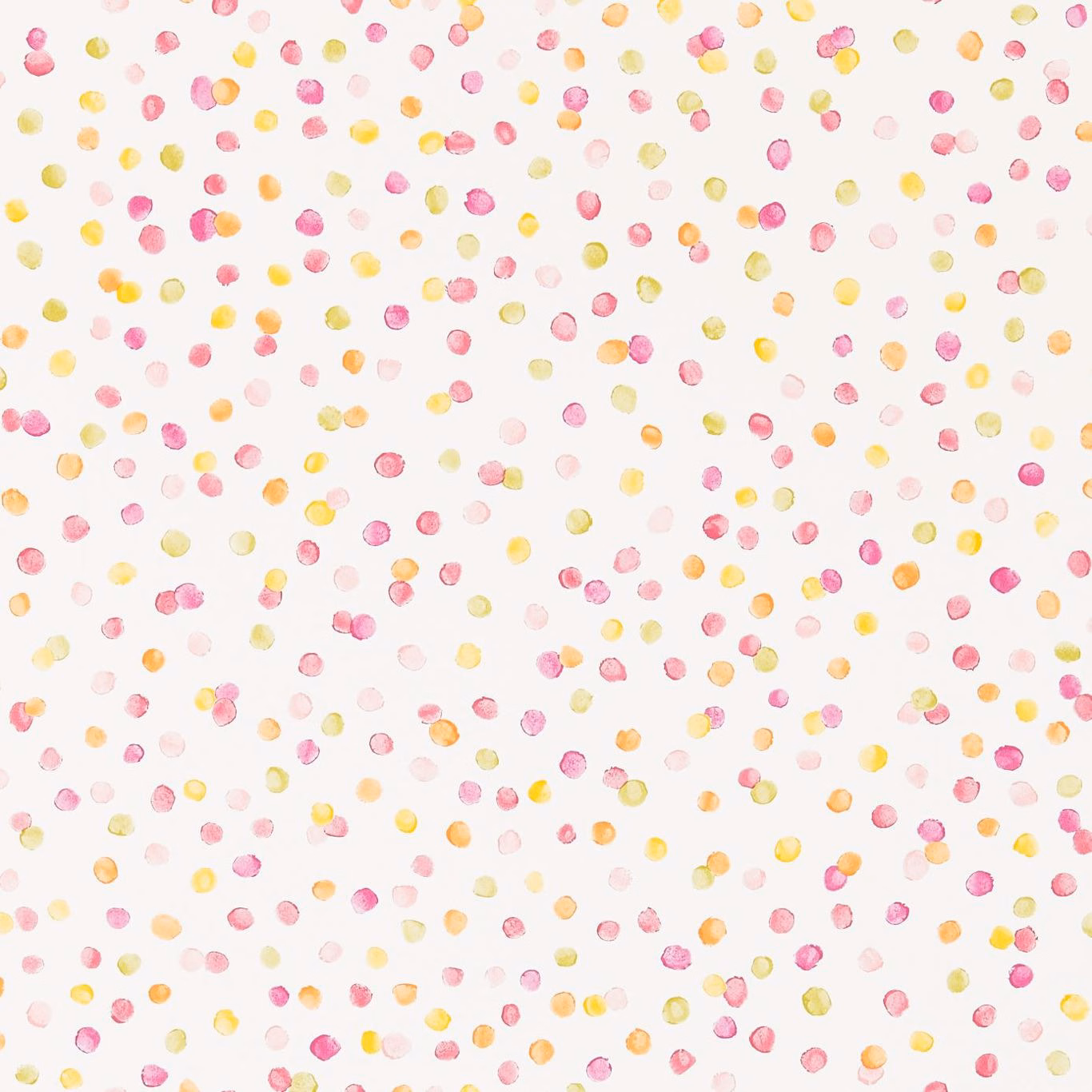 White wallpaper scattered with small pink, yellow and citrus-orange painted dots