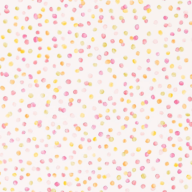 White wallpaper scattered with small pink, yellow and citrus-orange painted dots