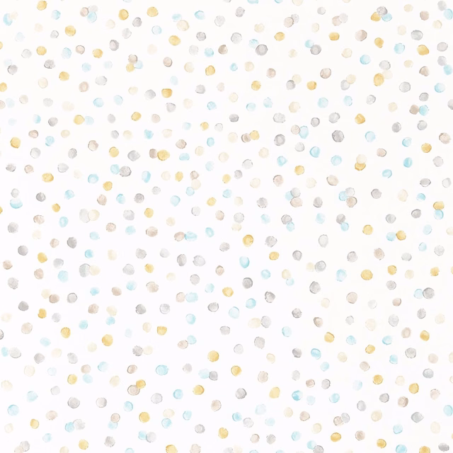 Warm ivory wallpaper with scattered maize, aqua, biscuit and grey irregular dots