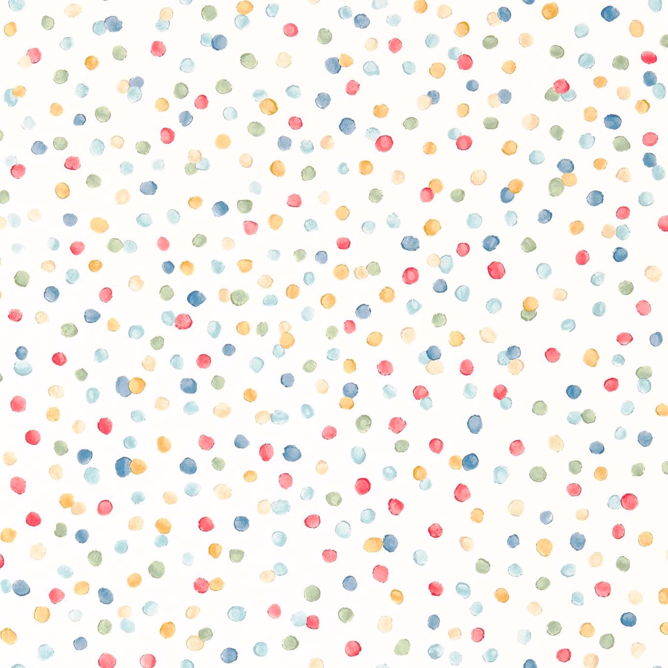 White wallpaper scattered with small pistachio, pimento and denim painted dots