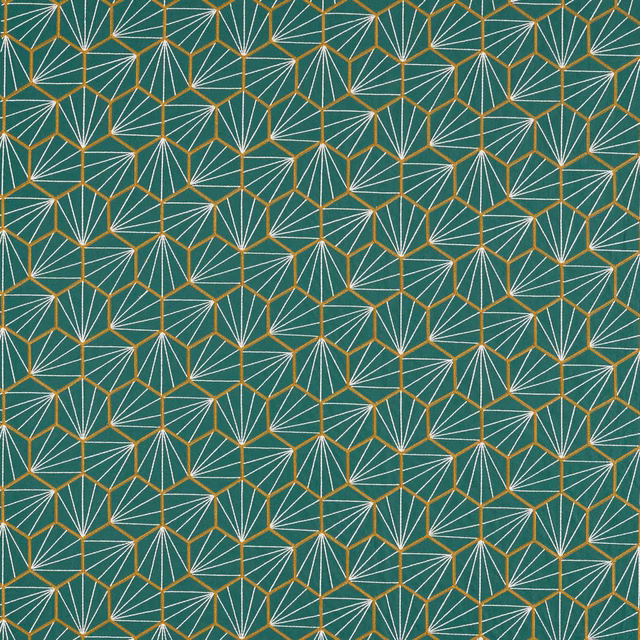 Deep forest-teal fabric with repeated cream and ochre geometric fan motifs