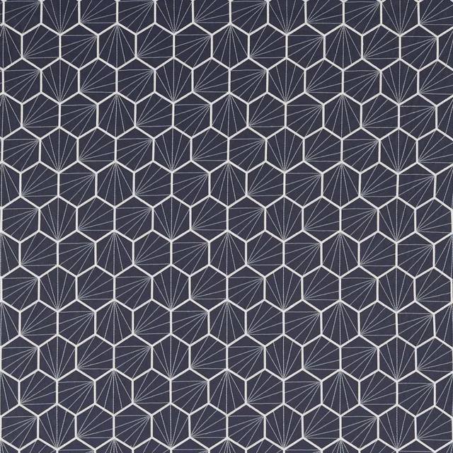 Midnight blue-charcoal woven fabric with repeating ivory faceted fan motifs