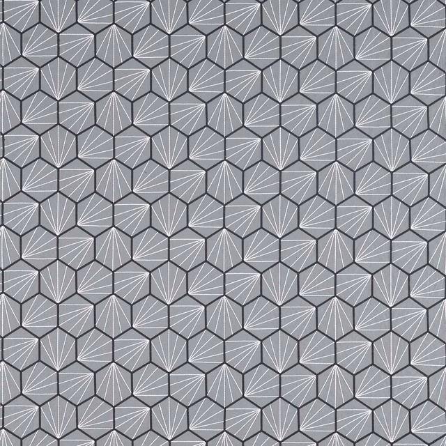 Cool steel-grey fabric with repeating white-lined fan and faceted geometric motifs