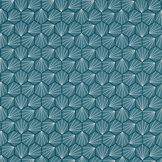 Deep teal woven fabric with pale fan motifs in a repeating geometric lattice