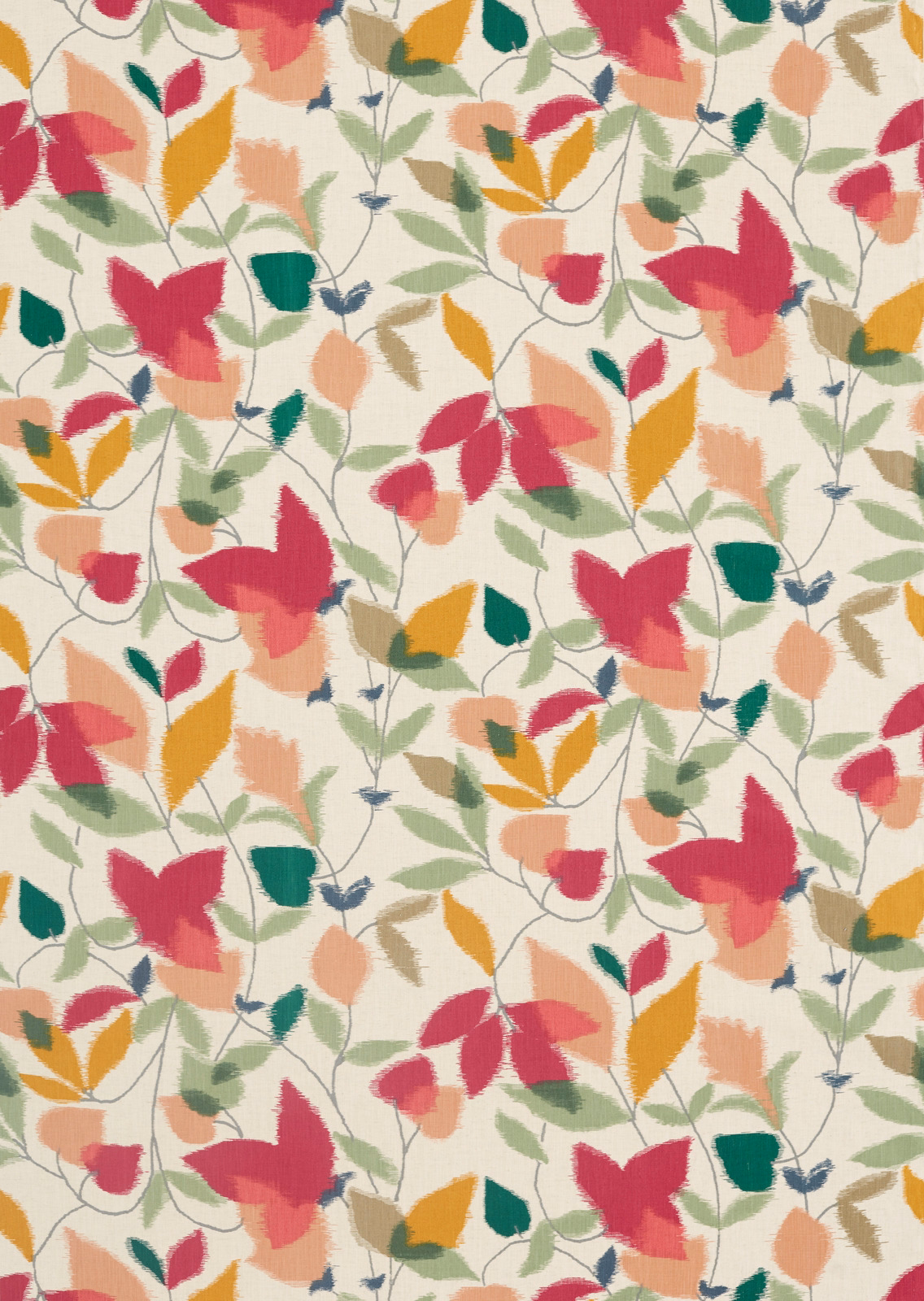 Cream woven fabric with berry, ochre and pistachio scattered botanical leaves