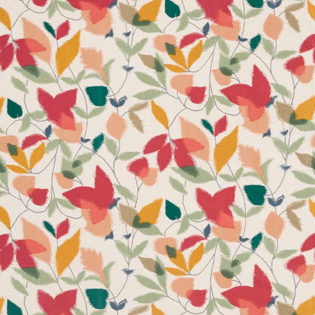 Cream woven fabric with berry, ochre and pistachio scattered botanical leaves