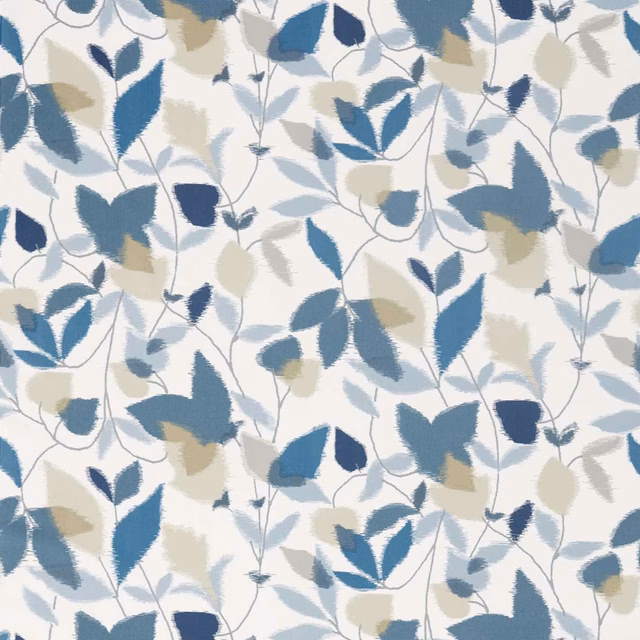 Cream botanical fabric with denim, midnight blue and putty leafy motifs