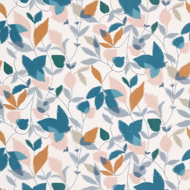 Cream botanical fabric with teal, blush, ginger and olive leaf motifs