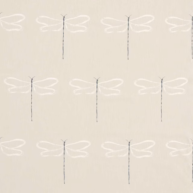 Warm parchment textile with white dragonflies and fine dark vertical bodies