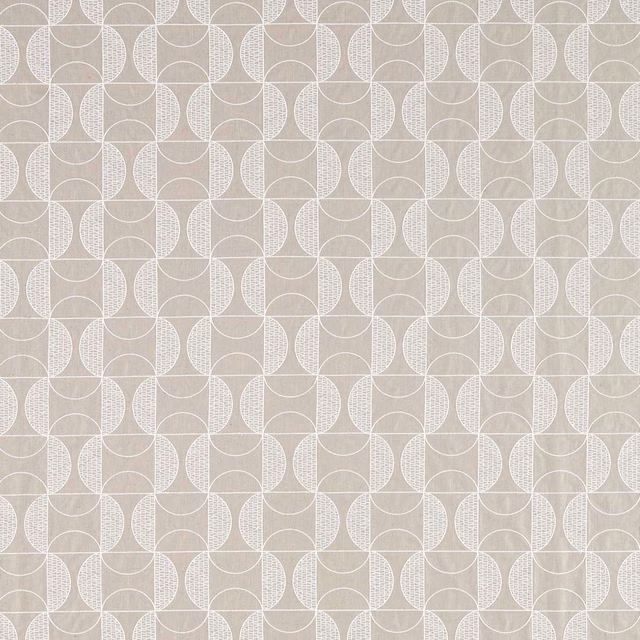 Putty taupe woven fabric with ivory interlocking circles and leaf-shaped motifs