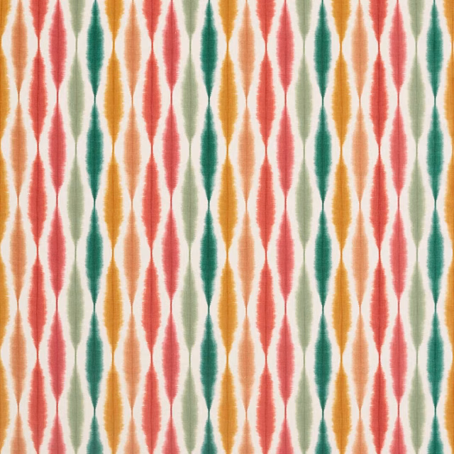 Cream-ground woven fabric with berry, ochre and pistachio vertical ikat diamonds