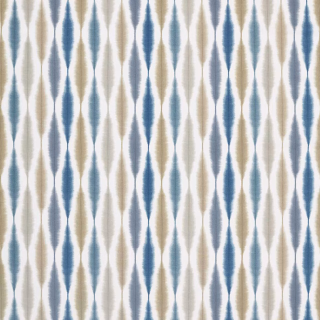 Ivory woven fabric with vertical ink, slate and denim ikat-style motifs