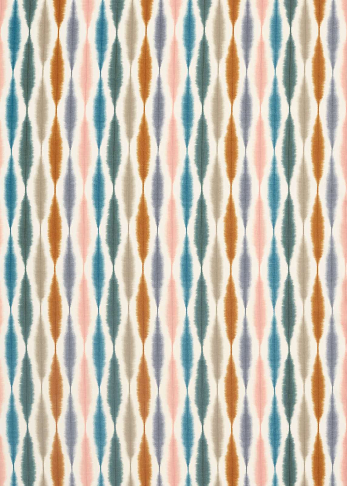 Cream woven fabric with vertical olive, ginger, teal and blush ikat motifs