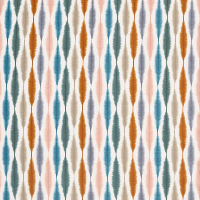 Cream woven fabric with vertical olive, ginger, teal and blush ikat motifs