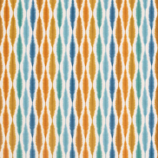 Rust, indigo and aqua elongated ikat motifs on a cream ground