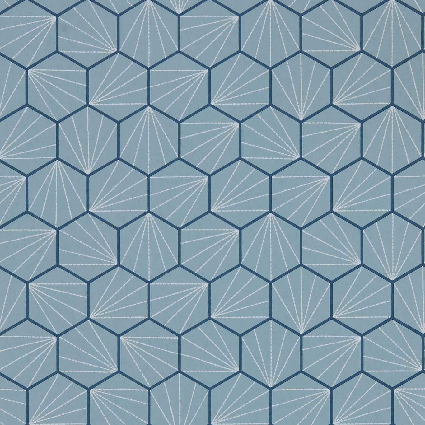 Cool blue-grey wallpaper with navy hexagonal outlines and fine white fan lines