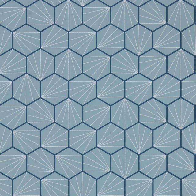 Cool blue-grey wallpaper with navy hexagonal outlines and fine white fan lines