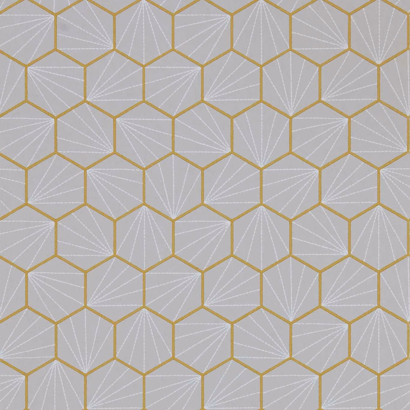 Cool dove-grey wallpaper with ochre hexagons and fine white fan lines